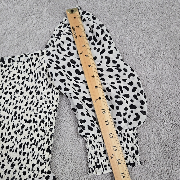 Reformation Elle Mini Dress Black White Ocelot Animal Print Smocked Puff Sleeves - Picture 7 of 14